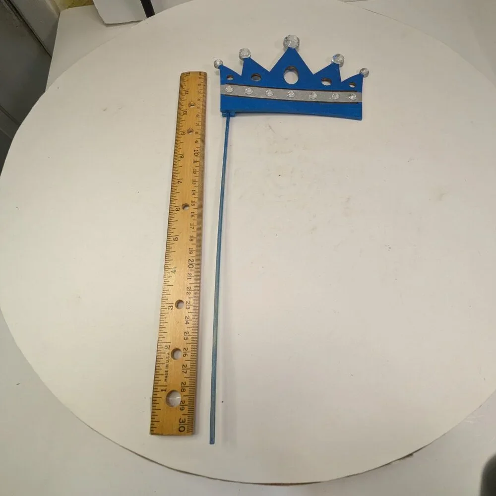 Blue Wood Rhinestone Crown Cake Topper & Glitter Striped Gift Box w Satin Bow